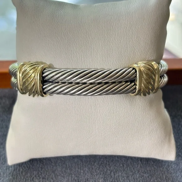 David Yurman 925 & 14k Gold Double Cable Metro Bracelet-Small - Picture 1 of 9